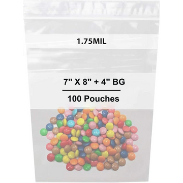 7X8 + 4 inch Quart Zipper Standup Pouches w/ White Strips 1.75 Mil LDPE